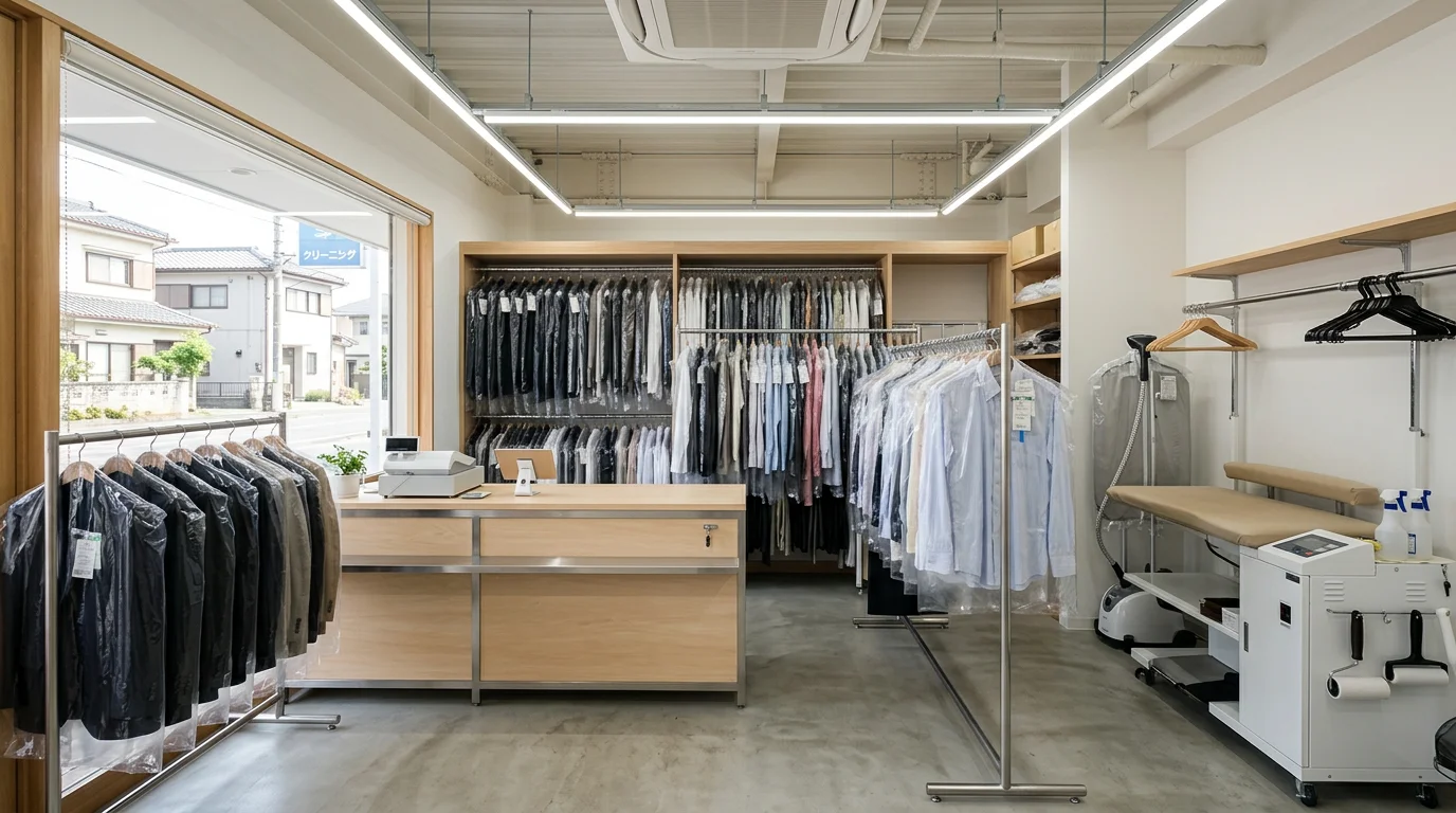 ハンガーに整然と並ぶ衣類と受付カウンターが見えるクリーニング店内