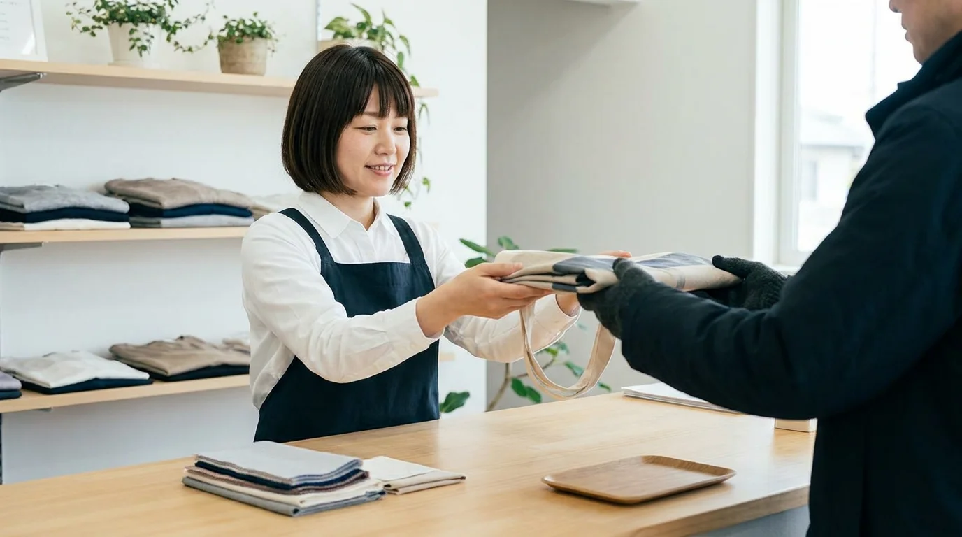 受付カウンターで衣類を受け取りながら相談を聞くクリーニング店スタッフ