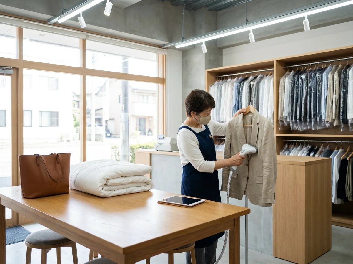 淡い色の衣類に付いた小さなしみを作業用の明かりで確認する手元