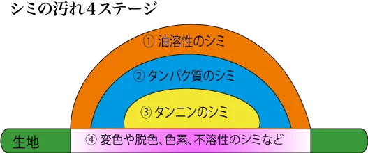 シミの汚れ4ステージ図解：①油溶性のシミ、②タンパク質のシミ、③タンニンのシミ、④変色や脱色、色素、不溶性のシミなど